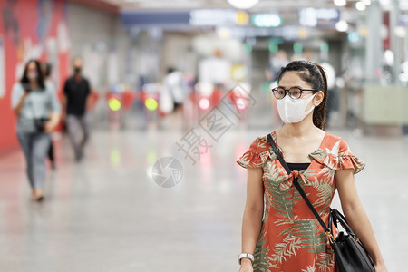 地铁里戴口罩预防流感的女性背景图片