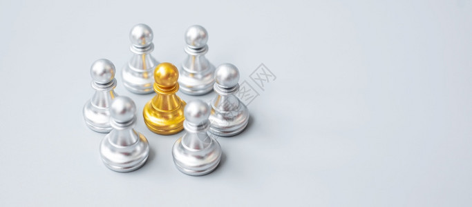 不同之处员工圆圈金象棋子或领头商人有银领导商业团队和合作概念的银人企业团队和精神图片