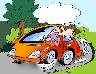 绘画卡通插说明汽车主驾驶的轮胎压力在曲柄上出错因此它用三个轮子运行推销员讽刺的图片