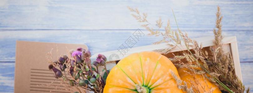 情绪秋季橙南瓜干花和草的顶部景色盒式感恩背景蓝铁制木桌色板条复制空间模板供秋收获情调用乡村的素食主义者图片