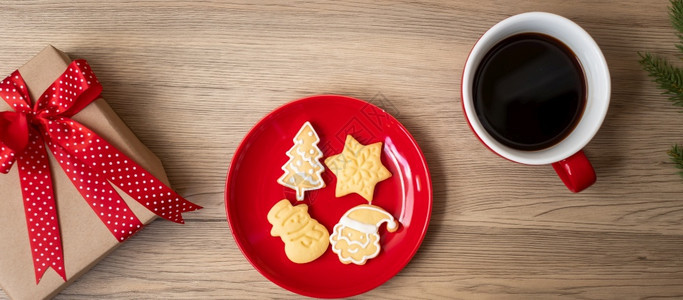 假期刨冰喝圣诞快乐有自制饼干和咖啡杯在木桌背景的圣诞晚会派对节假日和新年快乐概念图片