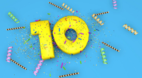 黄色的绿生日周年或促销的第10号以厚黄色字母写在蓝背景上装有糖果流体巧克力吸管和彩蛋从3D以上降下来第10号说明生日周年纪念或促图片