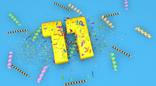 生日周年或促销的第1号以厚黄色字母写在蓝背景上装有糖果流体巧克力吸管和彩蛋从3D以上降下来生日周年或宣传的第1号说明用厚黄色字母图片