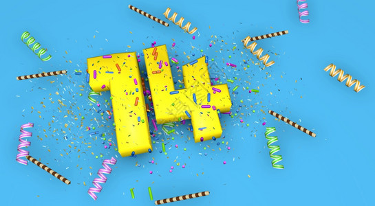 颜色使成为生日周年纪念或促销的第14号在蓝色背景上用厚的黄色字母装饰上面着糖果飘带巧克力吸管和五彩纸屑3D插图第号生日周年纪念或图片