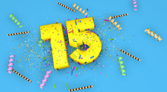 艺术的黄色品红生日周年纪念或促销的第15号在蓝色背景上用厚的黄色字母装饰上面着糖果彩带巧克力吸管和五彩纸屑3D插图第号生日周年纪图片