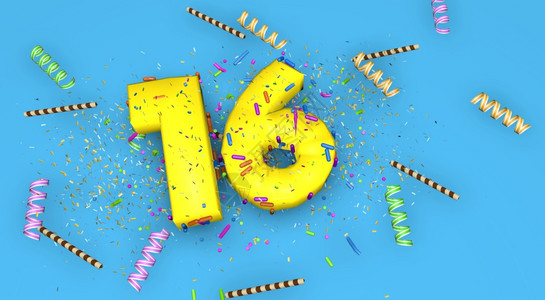 质地生日周年或促销的第16号以厚黄色字母写在蓝背景上装有糖果流体巧克力吸管和彩蛋从3D以上降下来生日周年纪念或促销为第16号说明图片
