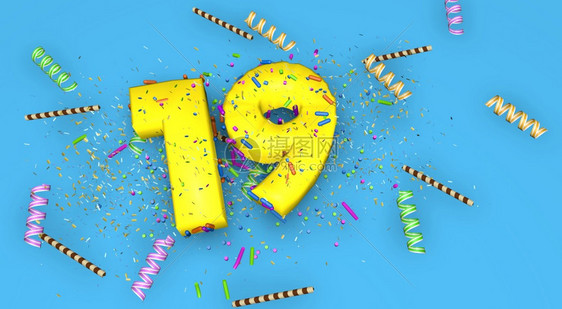 紫色的绿19生日周年或促销用厚黄色字母写在蓝背景上装有糖果流水器巧克力吸管和彩蛋从3D以上降下来19指生日周年纪念或促销装有糖果图片