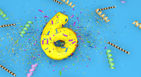 食物周年纪念日生周年纪念或促销的第6号蓝色背景上用厚的黄色字母装饰上面着糖果彩带巧克力吸管和五彩纸屑3D插图第号生日周年纪念或促图片