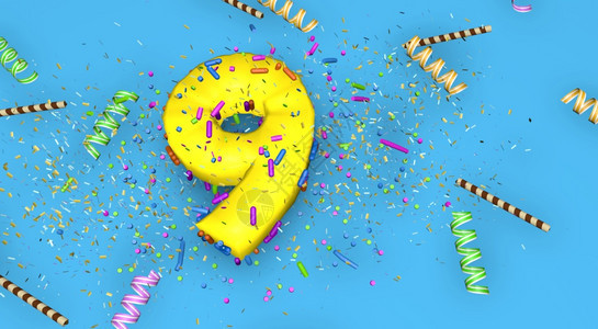 艺术抽象的生日周年或促销的第9号以厚黄色字母写在蓝背景上装有糖果流体巧克力吸管和彩蛋从3D以上掉下来生日周年纪念或宣传的第9号说图片