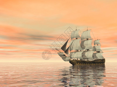 云锚绳日落前在宁静的水上漂浮美丽老旧商船3D将变成海洋上的旧商船浪图片
