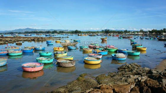 场景极好的亚洲风景广阔越南海滩多彩边有一群生机勃蓝天空阳光明日新鲜空气夏天越南在渔村旅行令人惊叹的景象珊瑚礁图片