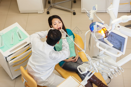 男牙医在给女患者治疗牙齿背景图片
