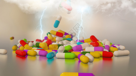 颜色麻醉剂药片3D制造多色医用药丸从雷鸣中坠落图片