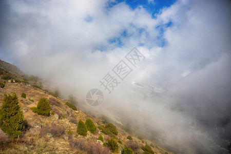 天空伟大的高山和谷云层之上的美丽景色吉尔斯坦雾蒙的阿拉尔查公园的壮丽景色如画图片