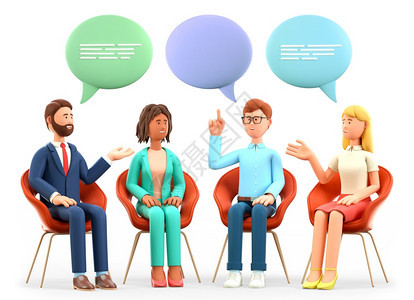 各种样的友谊快乐3D商业团队会议及与演讲泡沫对话的3D插图快乐多元文化人士坐在椅子上讨论成功团队合作集体治疗支持会议等题的人欢乐图片