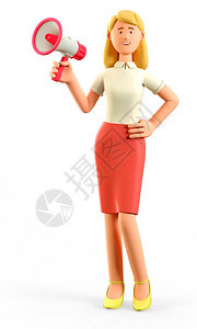 红色的在线嗓音3D插图站立的美丽金发女举着一位讲演人Cute漫画她笑着迷人的女商穿着红裙子用扩音器和喇叭孤立在白背景通信概念上图片