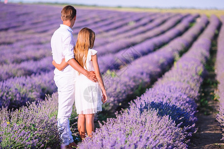 快乐的父亲和可爱女儿在紫花衣草田家庭度假期2个在紫衣花田景观法国放松背景图片
