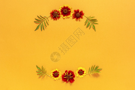 花的卉构图橙色背景上黄红花朵的框架卉圆形环平躺自上而下组合复制空间模拟板用于明信片刻字文本或您的设计花卉组合框架圆形环橙色背景上图片