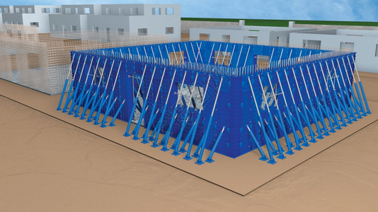 地面柱子绘画在3D建筑中的城市化过程用于建造一栋房屋楼墙壁的蓝色金属形式工作系统视图3D显示插图图片