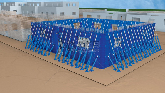 地面柱子绘画在3D建筑中的城市化过程用于建造一栋房屋楼墙壁的蓝色金属形式工作系统视图3D显示插图图片