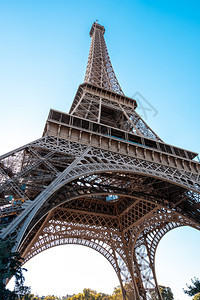 残酷的目地Eiffel铁塔的宽角视图从建筑构思的管子缩放尺度到Eiffel铁塔蓝色天空与严酷的光亮巴黎喷泉图片