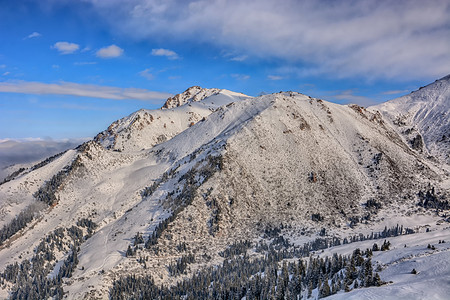 远足极端山峰在吉尔斯坦公园背景中与森林和积雪的山顶形成高风景脉观以及林和雪地峰顶图片