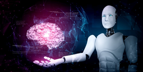 AI人形机器拿着虚拟全息屏幕显示大脑的概念和人工智能通过机器学习程进行思考3D插图大脑的概念头技术灵感图片