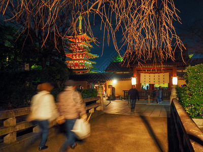 人群佛教桥2018年月日晚上在娜拉的矢寿寺夜亮新年庆典Yakushi寺夜光照耀着明日本著名塔台图片