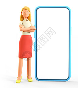 三维插图3D美丽的金发女双臂交叉站在一个大电话旁边空白屏幕可爱卡通笑着充满自信的有魅力女商人穿着红裙子和巨大的智能手机下一个渲染图片