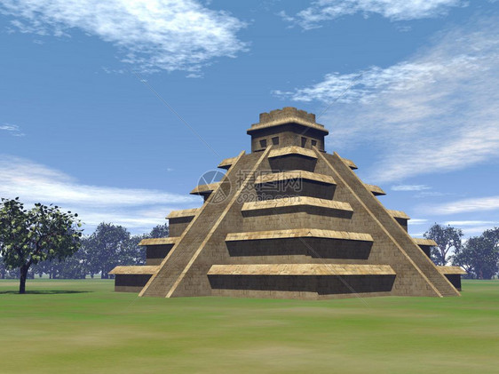宗教的绿草上玛雅金字塔美日环绕着树木老的图片