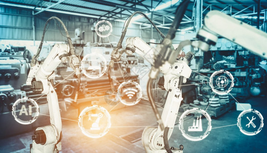 数控工业的用于字厂生产技术的智能工业机械臂展示工业40或第四次工业革命的自动化制造过程和控操作的IOT软件用于数字工厂生产技术的图片