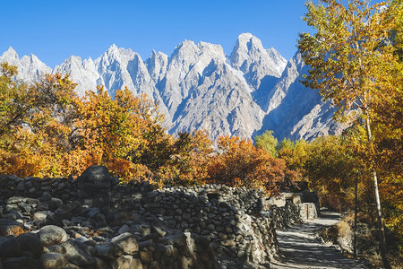 黄色的空气巴基斯坦GilgitBaltistanGojal山谷背景的Karakoram山脉上与Passuconnes一起于秋天用图片