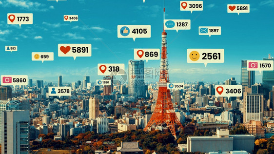 社交媒体图标飞越市中心通过社交网络应用平台显示人们参与联系在线社区和交媒体营销策略的概念社交媒体图标飞越市中心显示人们参与联系数图片