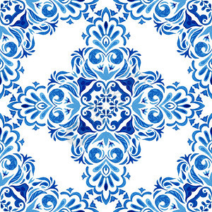 维多利亚时代种族的蓝和白手抽象绘制的蓝色和白瓷砖无缝的装饰陶瓷砖无缝装饰反水彩色涂漆图案葡萄牙陶瓷砖模式葡萄牙陶瓷砖激励花罗萝拉图片