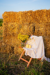 在稻草捆附近的田野餐夕阳乡村风格木椅子花束蜡烛木椅年轻的一种派对图片