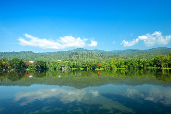 AngKaewChangiMai大学森林山蓝天背景白云山林自然之路的一幅景图树农村太阳图片