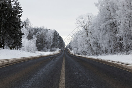 冒险穿过森林的狭小沥青山丘路在冬天道上有汽车管过处有条纹的灰色图片