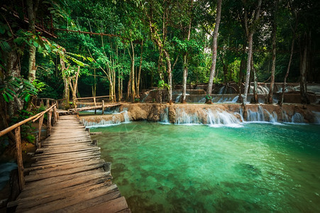 硅热带雨林风景的角形热带雨林景观由木桥和老挝广西连级瀑布LuangPrabang的惊人绿水构成根普拉邦图片
