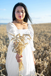 身着白裙子的妇女站在田地上有小麦的妇女在田地上人手握着一捆成熟的松饼收割季节高品质的有照片穿白色衣服妇女站在田地上有小麦的人手里图片