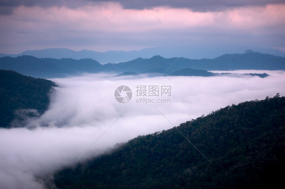 清迈泰国雾在森林中与青山HuaiKubKabMaeTaeng清迈和泰国雾一起寒冷卡布木头图片