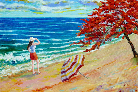 在沙滩上旅游的妇女在夏季海蓝和天空的美丽海滩波浪中画彩色油绘制色油画粉刷印品图像插日出太平洋质地图片