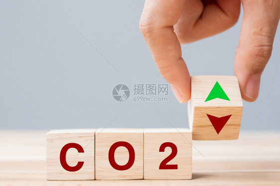 将木制方块向上下翻转在表格背景中以CO2二氧化碳文字将本放在表底替代能源和全球气候变化概念上增加行星可再生图片