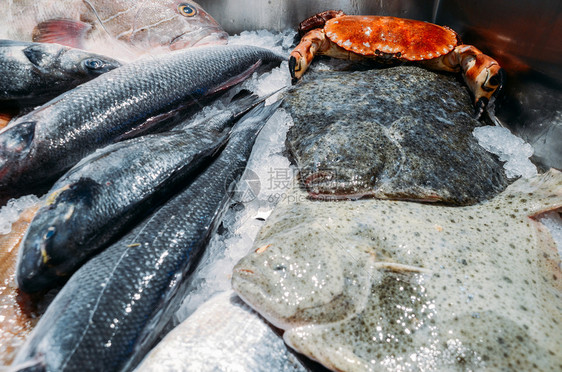 海鲜市场摊档各种生鲜鱼的高角度静物包括在冷冰床上却的鳐鱼鲮藏摊位图片