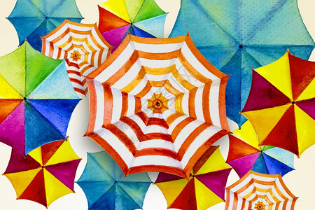多色伞水彩画夏季假日和旅游商业海滩度假胜地市场纹理背景手画抽象图解复制空间的景色多彩插图艺术气象图片