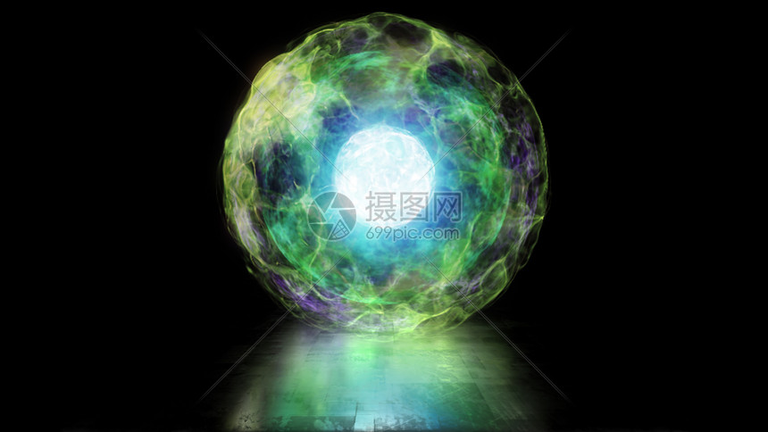 爆炸反应堆核心中的能量和等离子体的3D转化球和等离子体与脉冲等离子流热核聚变提交演示和信息面板的背景光亮力量圆圈图片