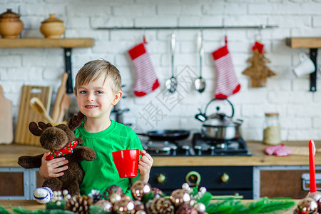 白种人早安一个小男孩在餐桌边喝茶拥抱一只泰迪驼鹿个奇迹和满足愿望的时刻圣诞快乐早安一个小男孩在厨房餐桌边喝茶并拥抱一只泰迪驼鹿个图片