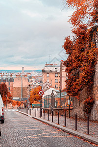 建筑学胡同阳光明媚的秋天午后蒙马特街道金色的树木和鹅卵石小巷法国巴黎的秋天老城区阳光明媚的秋天下午蒙马特街道老城旅行图片