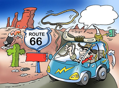 幽默机械卡通插画展示一个快乐的远处者或牛仔在那里开车城市的乡村公路上微笑图片