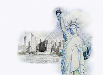 插图曼哈顿市纽约摩天大楼的女神自由建筑纽约市水彩画城风景在著名的世界地标商业城市手画图复制空间等著名城市中美丽季节图片