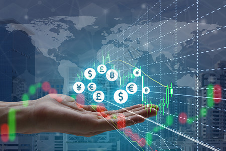 创新FintechFintech公司与股票市场或金融图表的手持接口双重用于金融投资概念统计加密货币图片